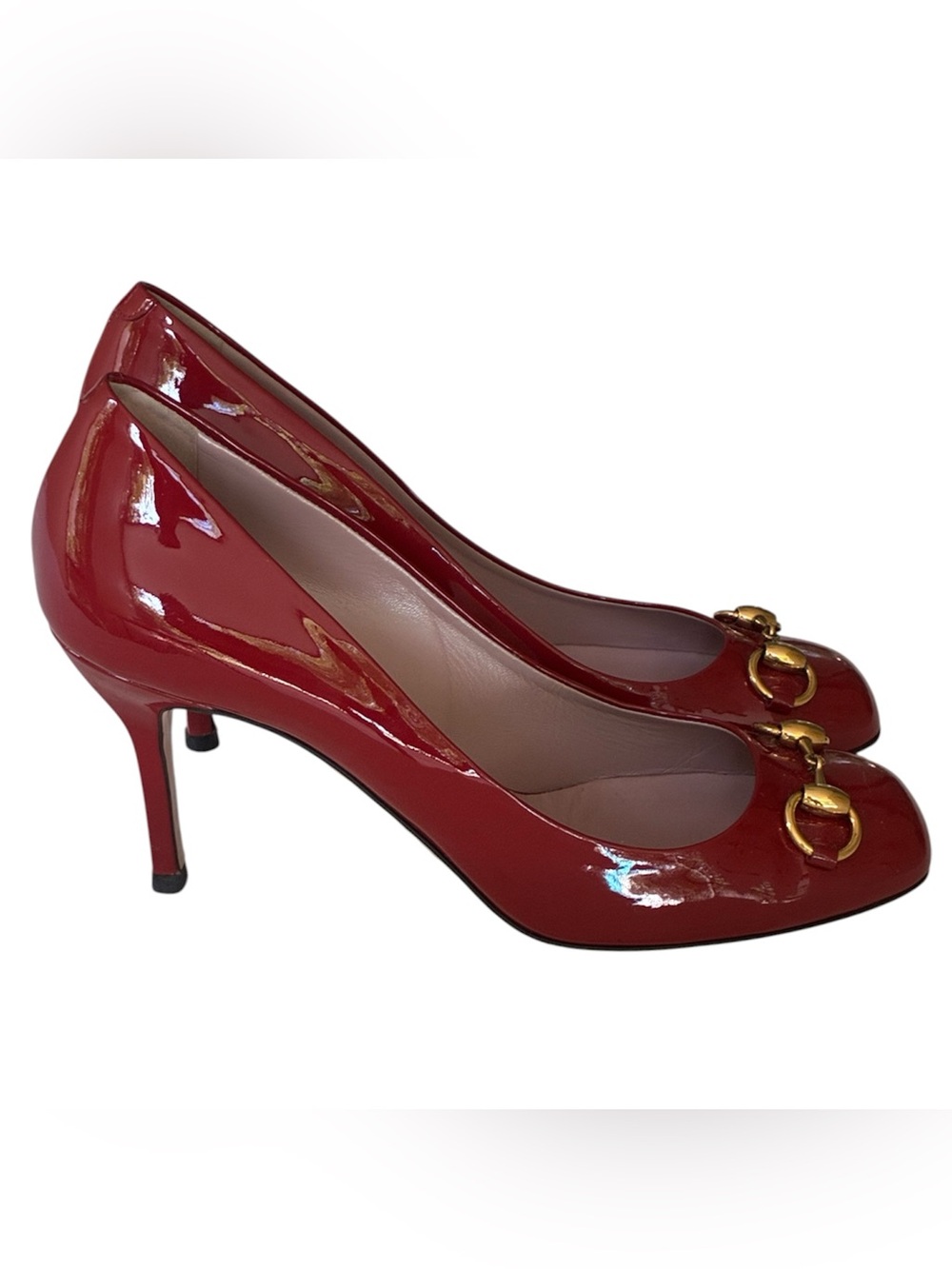Gucci Red Patent Leather Classic Gold Horsebit Closed Toe Pump Heel Size US 10 - Picture 10 of 15